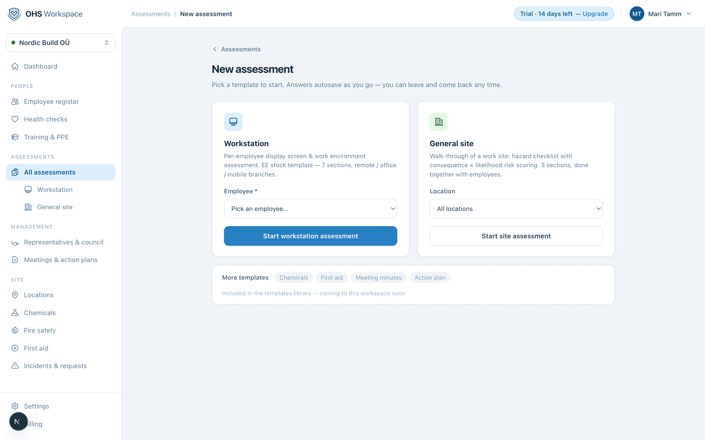 Starting a new assessment from a stock template