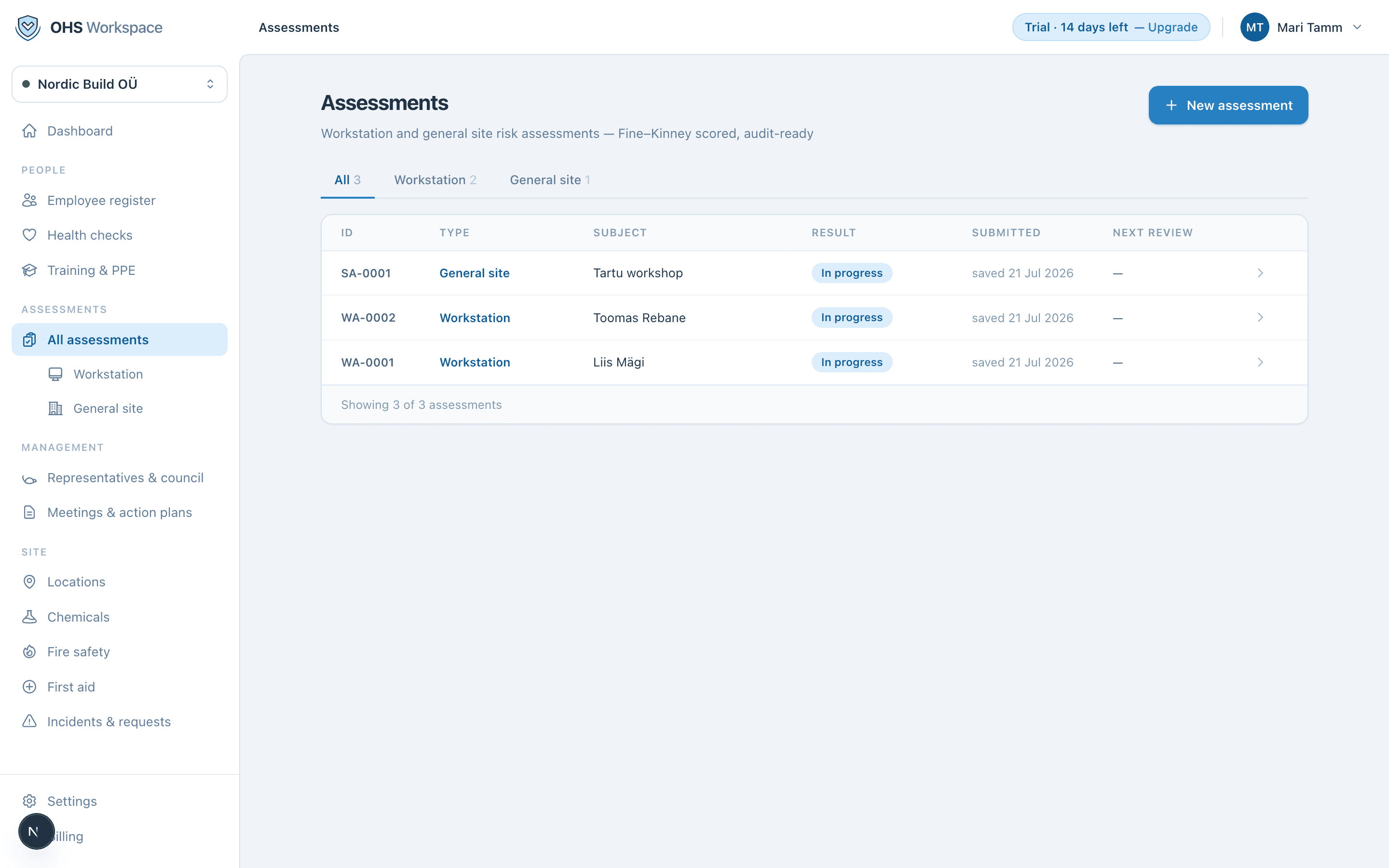 The assessments list across workstation and site types
