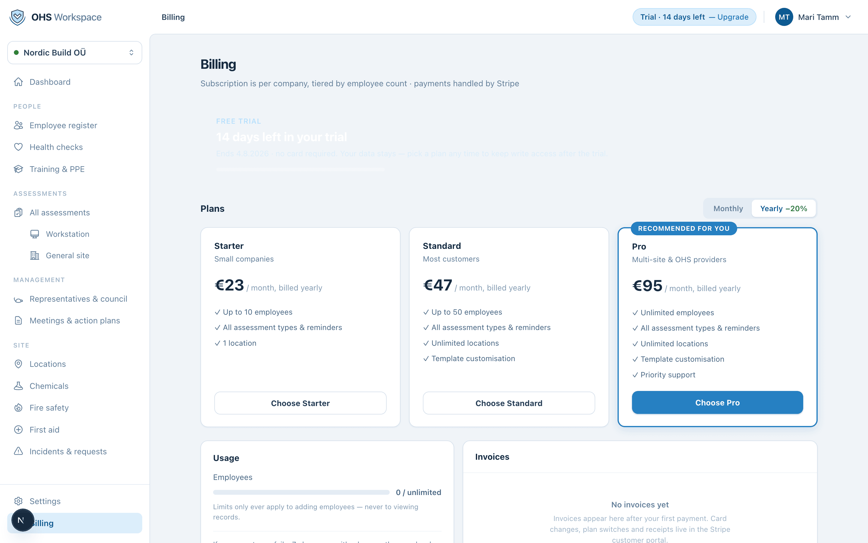 The billing page during trial: days left and the three plans
