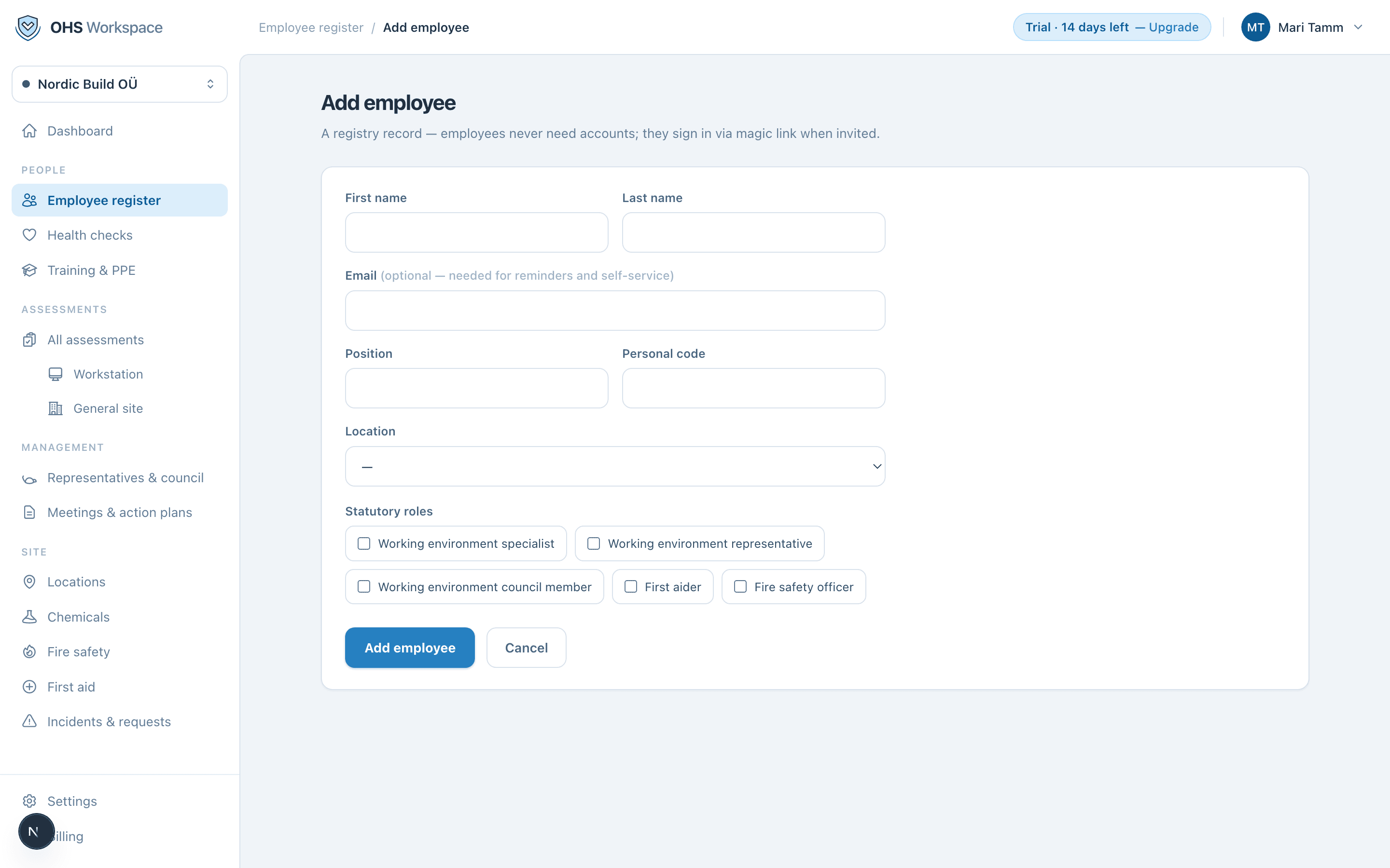 The add-employee form: name, work email, personal code, position, location, statutory roles