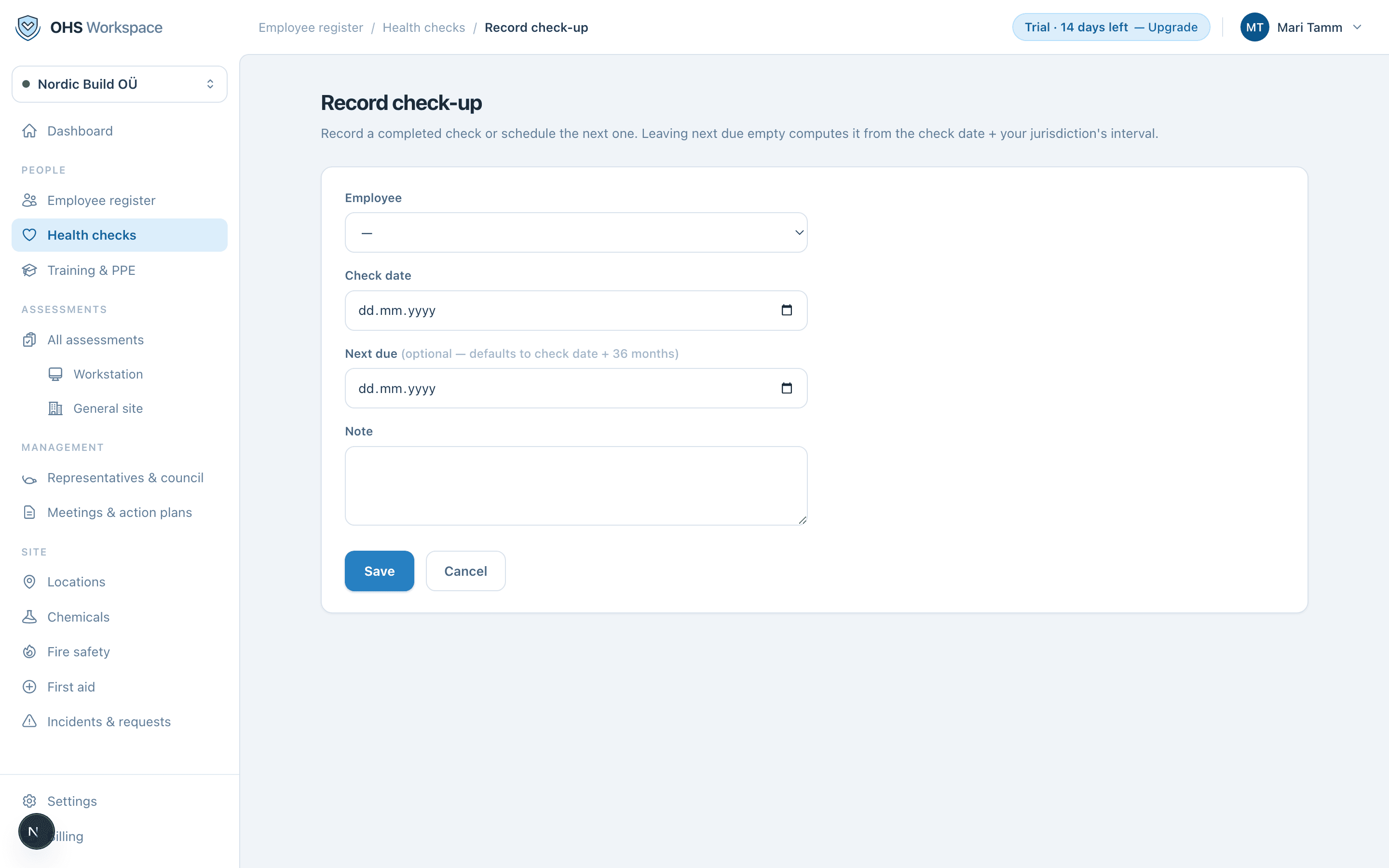 Recording a check-up: pick the employee, enter the check date, next due computes