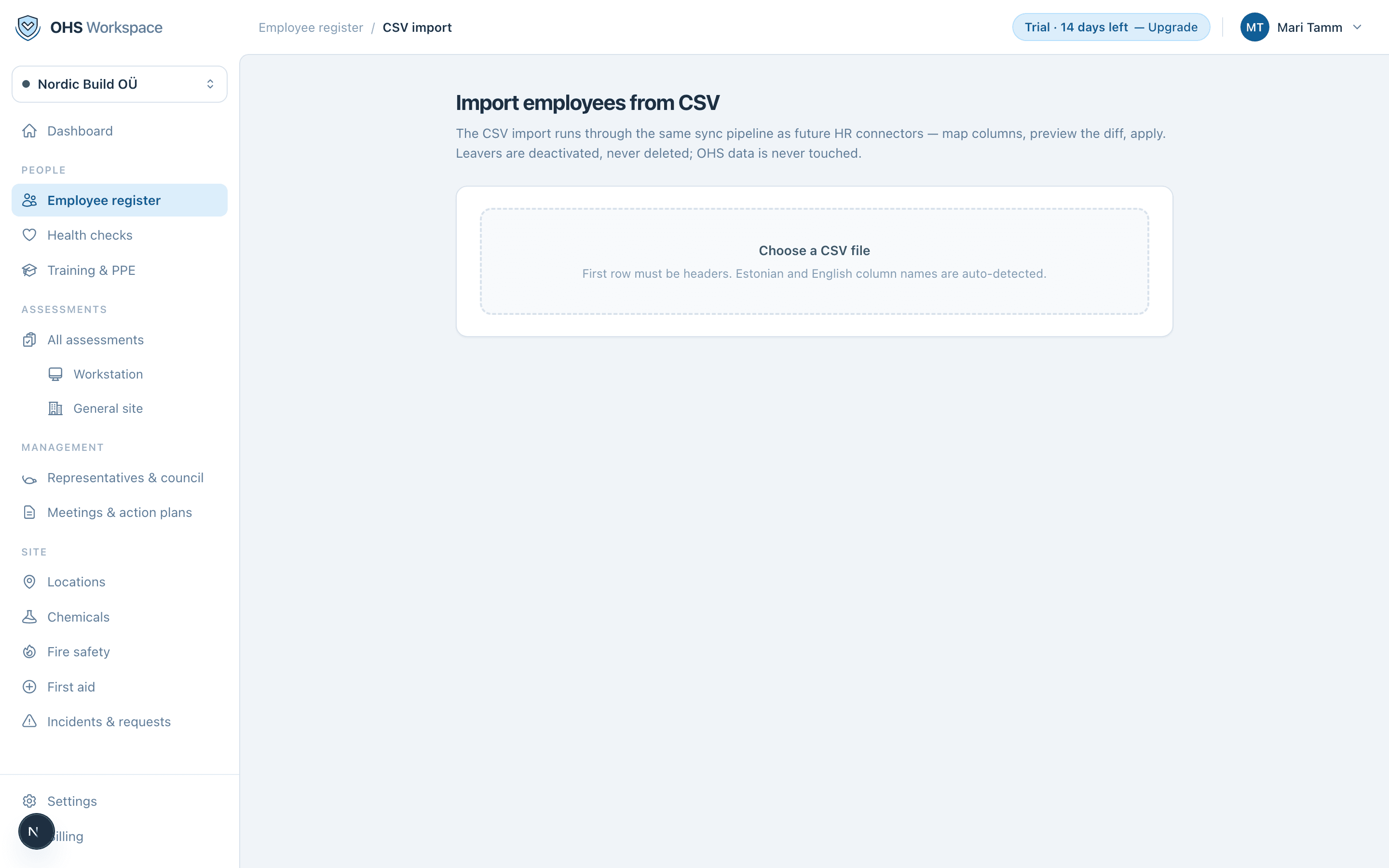 Step 1 of the CSV import: choose a file — headers are auto-detected