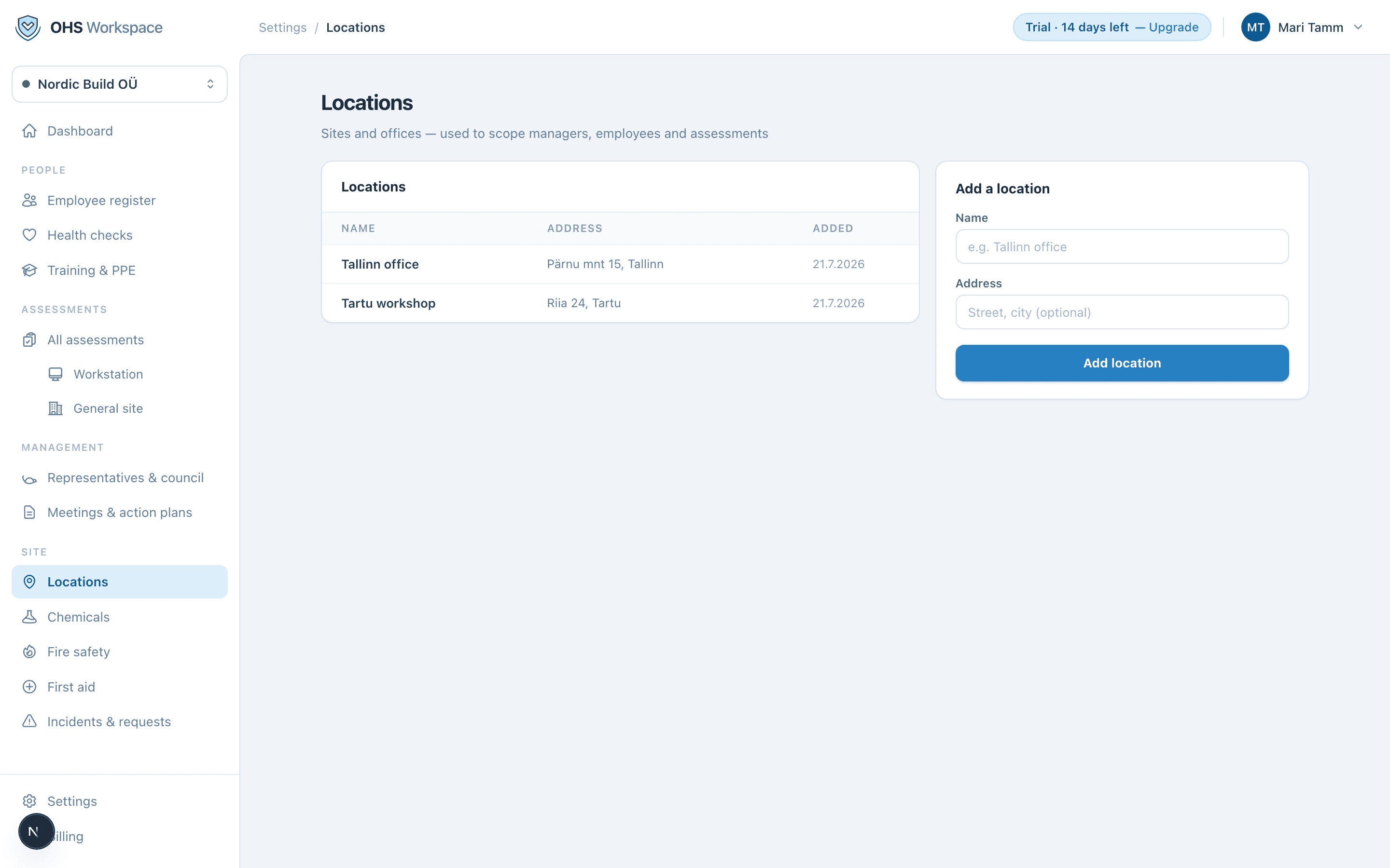 The locations list with the add-location form