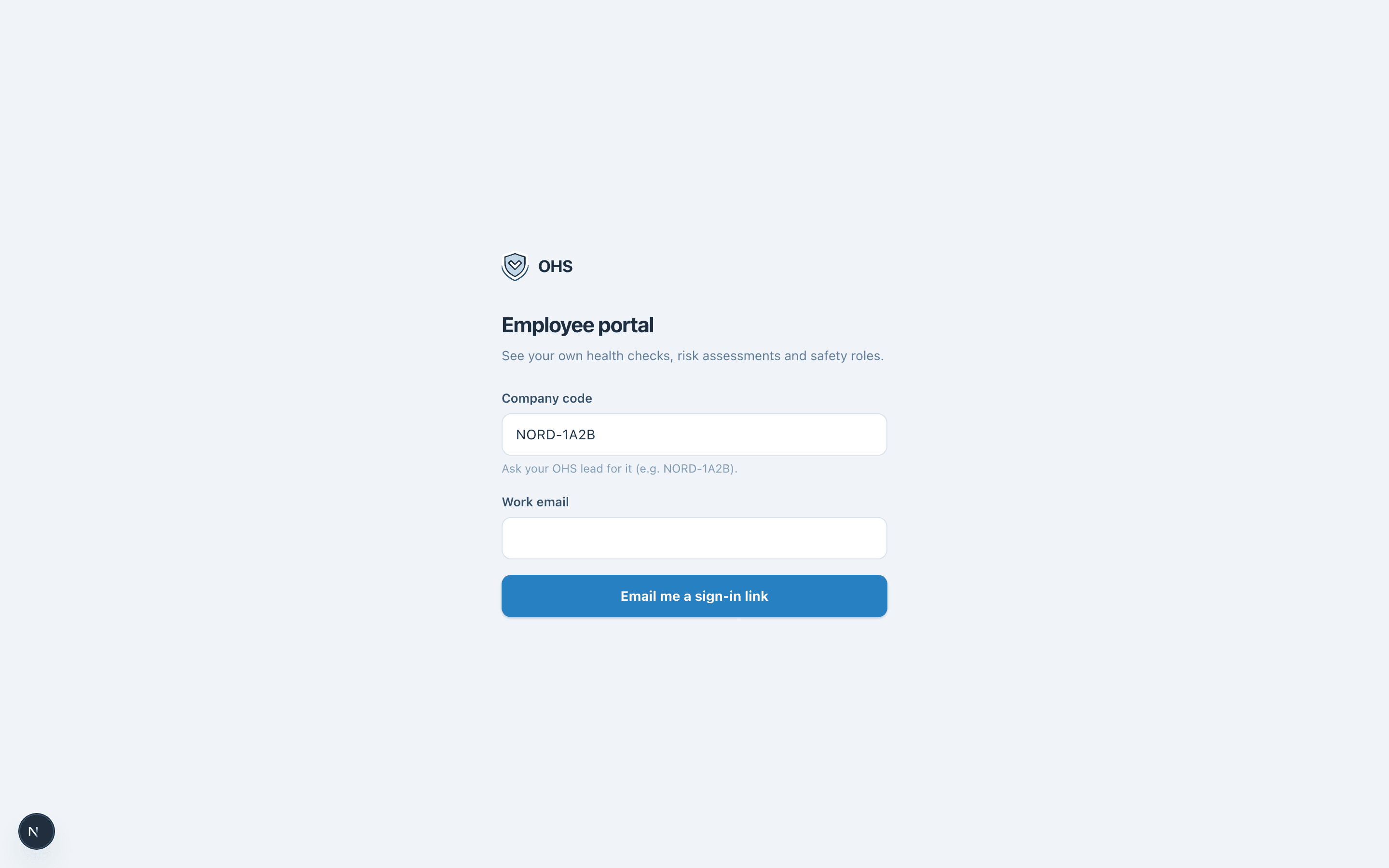 The employee portal sign-in: company code and work email