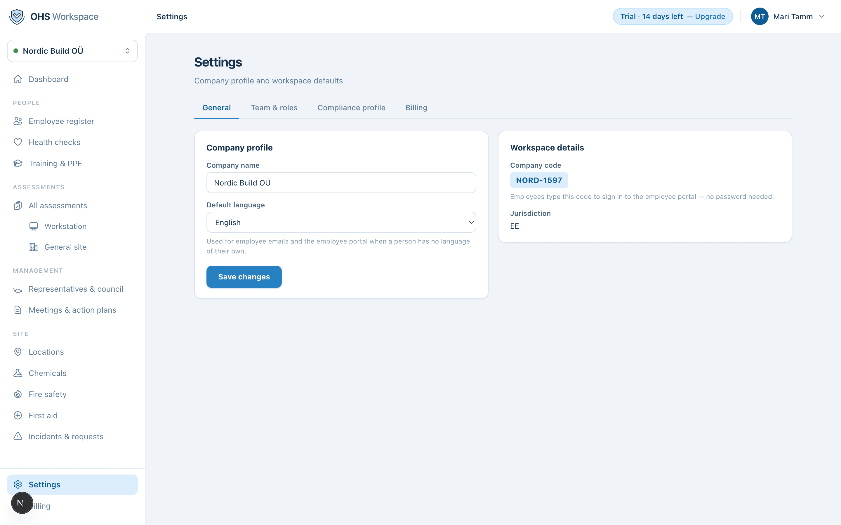 General settings: company profile and workspace details