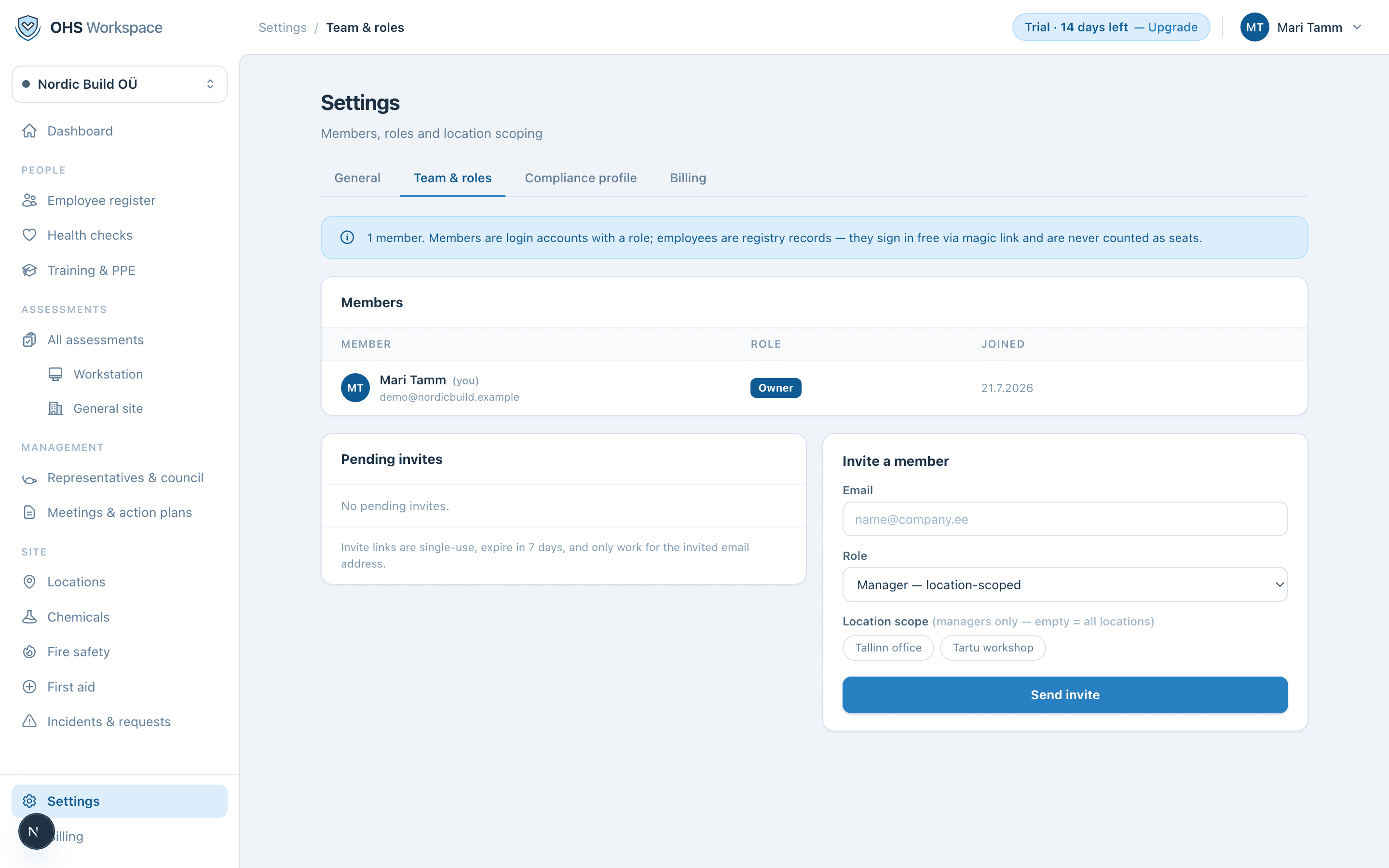 Team & roles: members with roles, pending invites, and the invite form