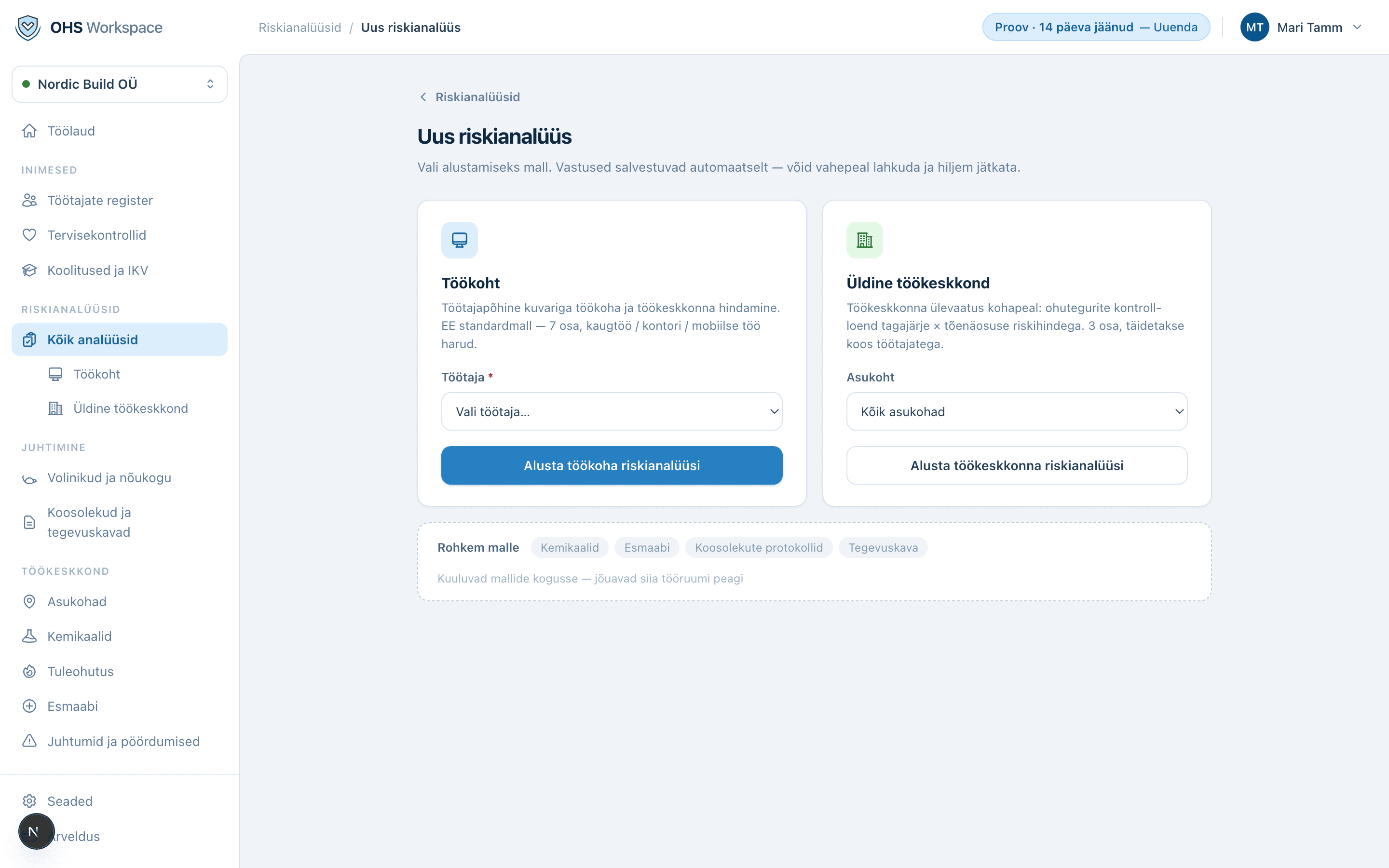 Uue analüüsi alustamine standardvormist